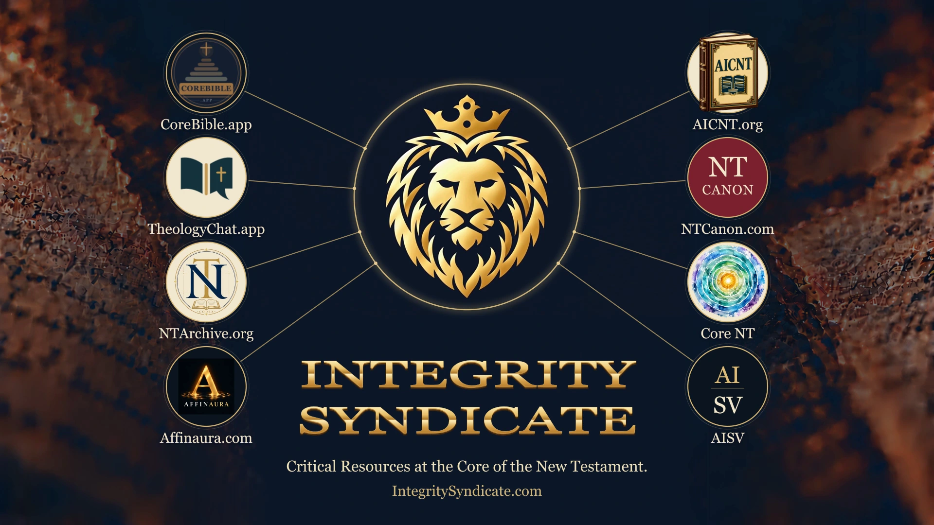 Integrity Syndicate connects CoreBible.app, TheologyChat.app, NTArchive.org, Affinaura.com, AICNT, NTCanon.com, Core NT, and AISV.
